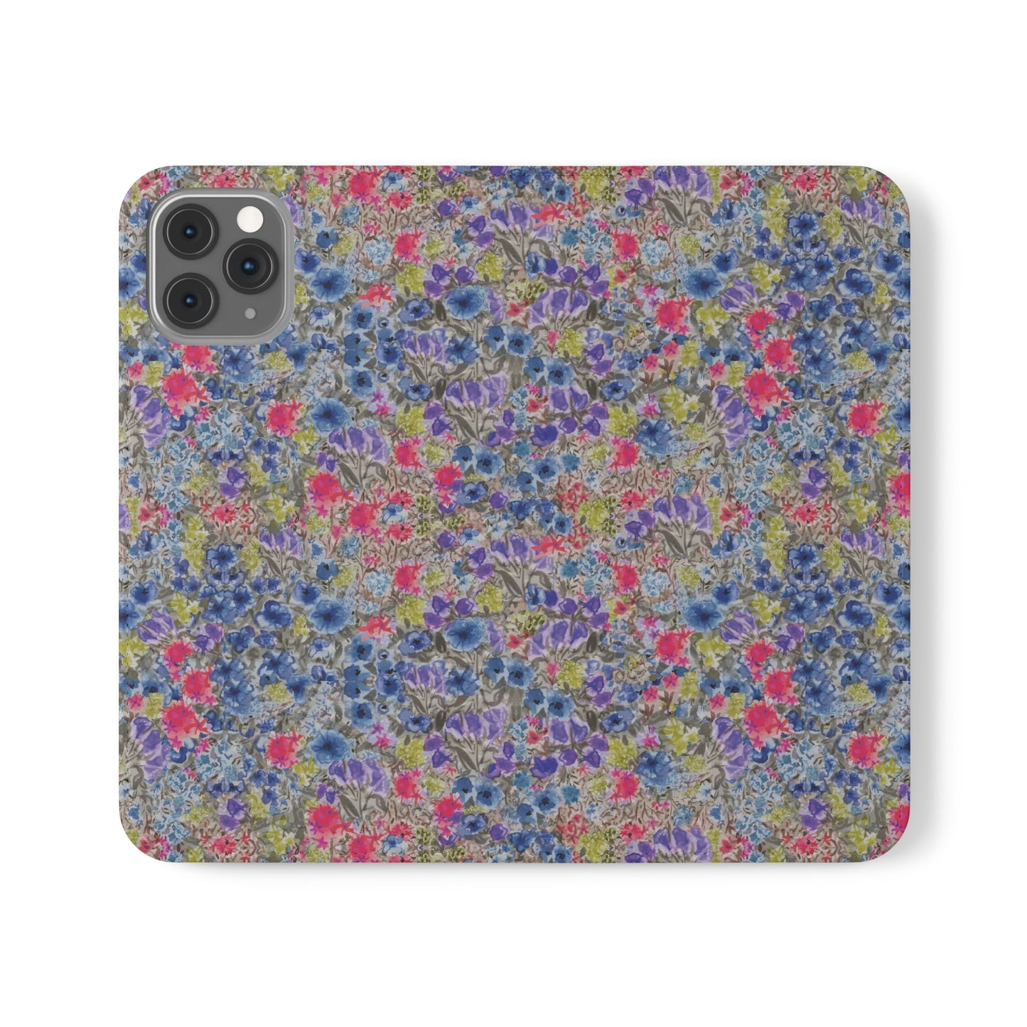 Blue watercolor wildflower wallet phone case featuring vibrant floral meadow artwork with pink and purple blossoms.