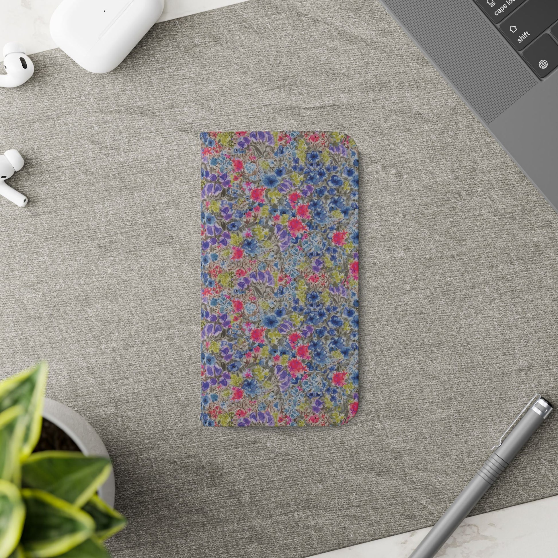 Blue wildflower floral flip phone case with watercolor botanical pattern.