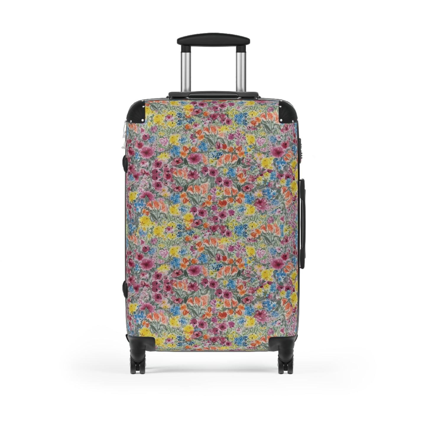 Meadow Blooms watercolor wildflower pattern suitcase with colorful floral botanical design and hard shell travel luggage