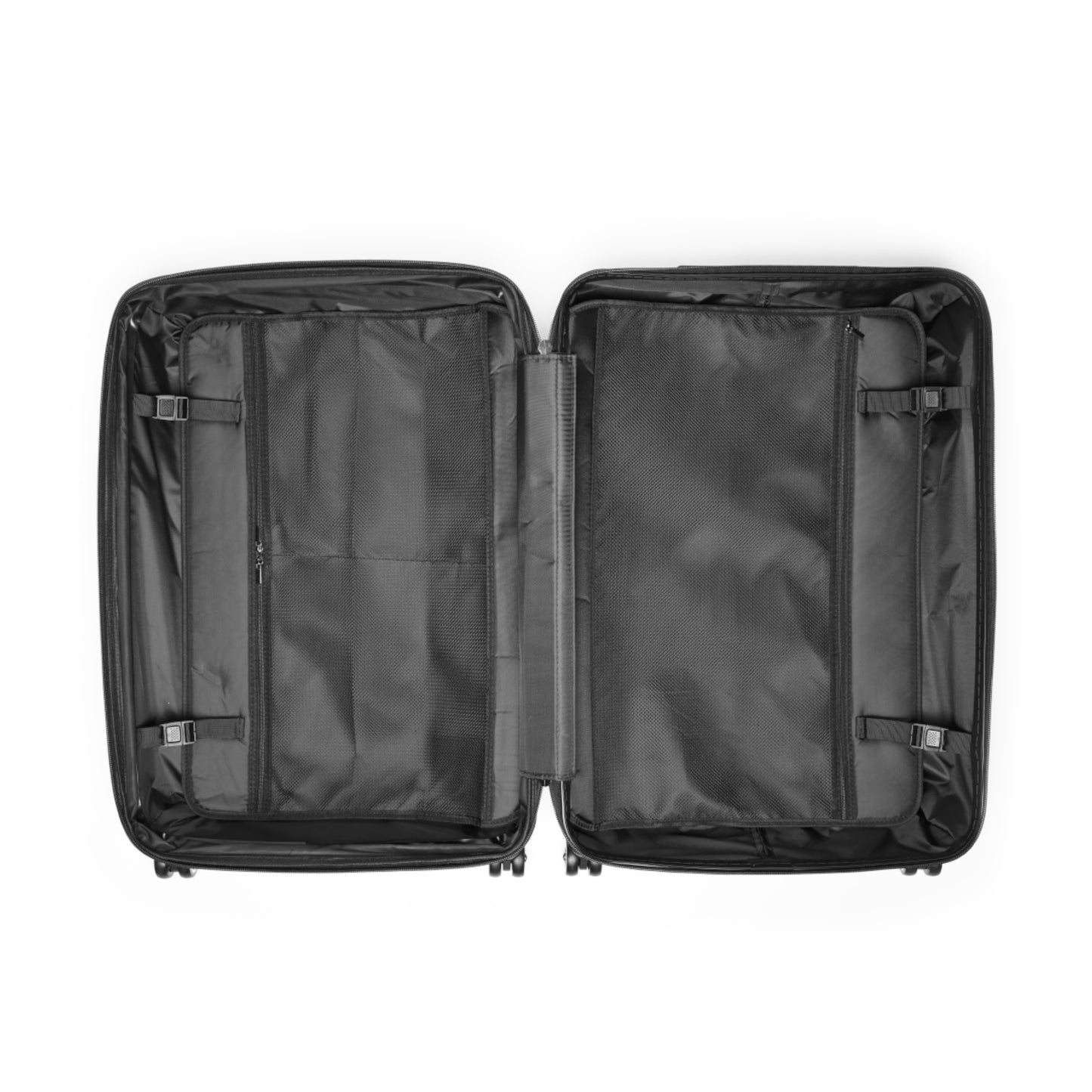 Black inside of open suitcase on a white background