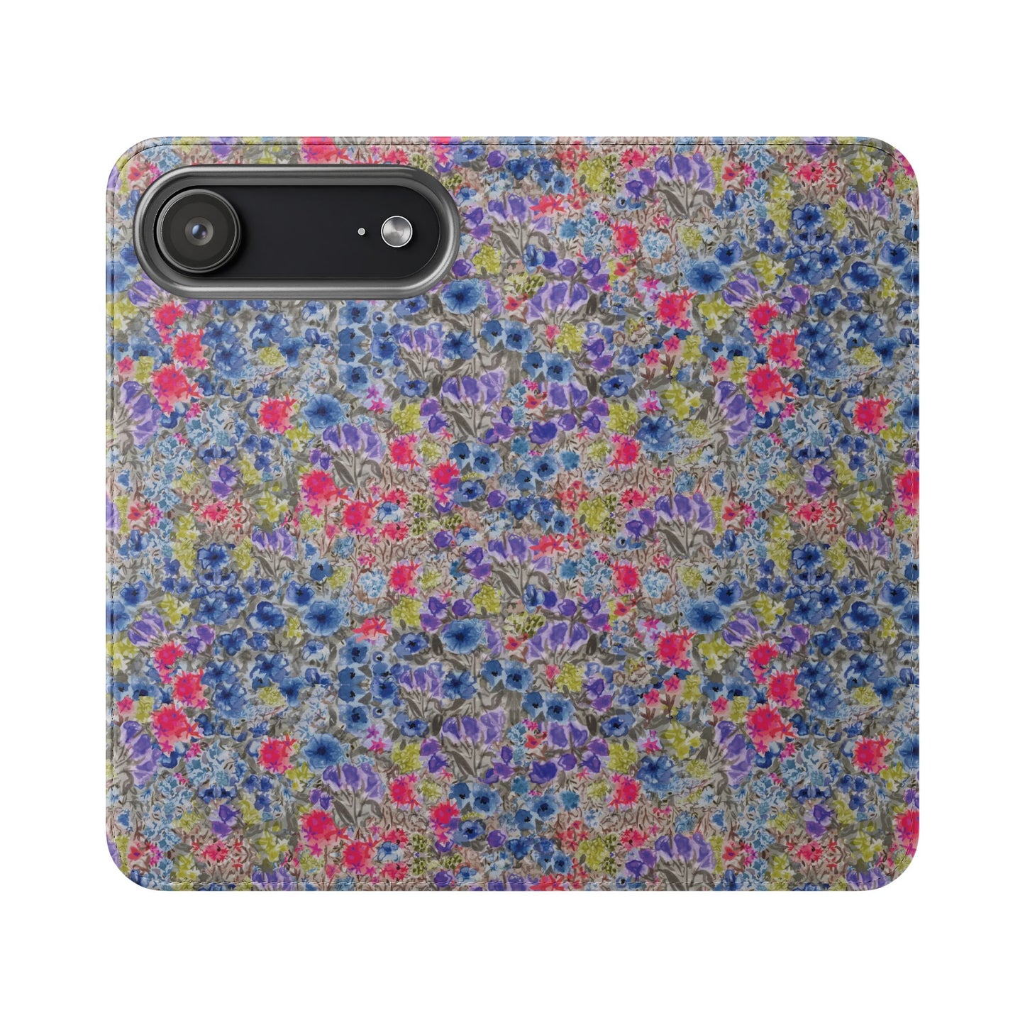 Blue watercolor wildflower wallet phone case featuring vibrant floral meadow artwork with pink and purple blossoms.