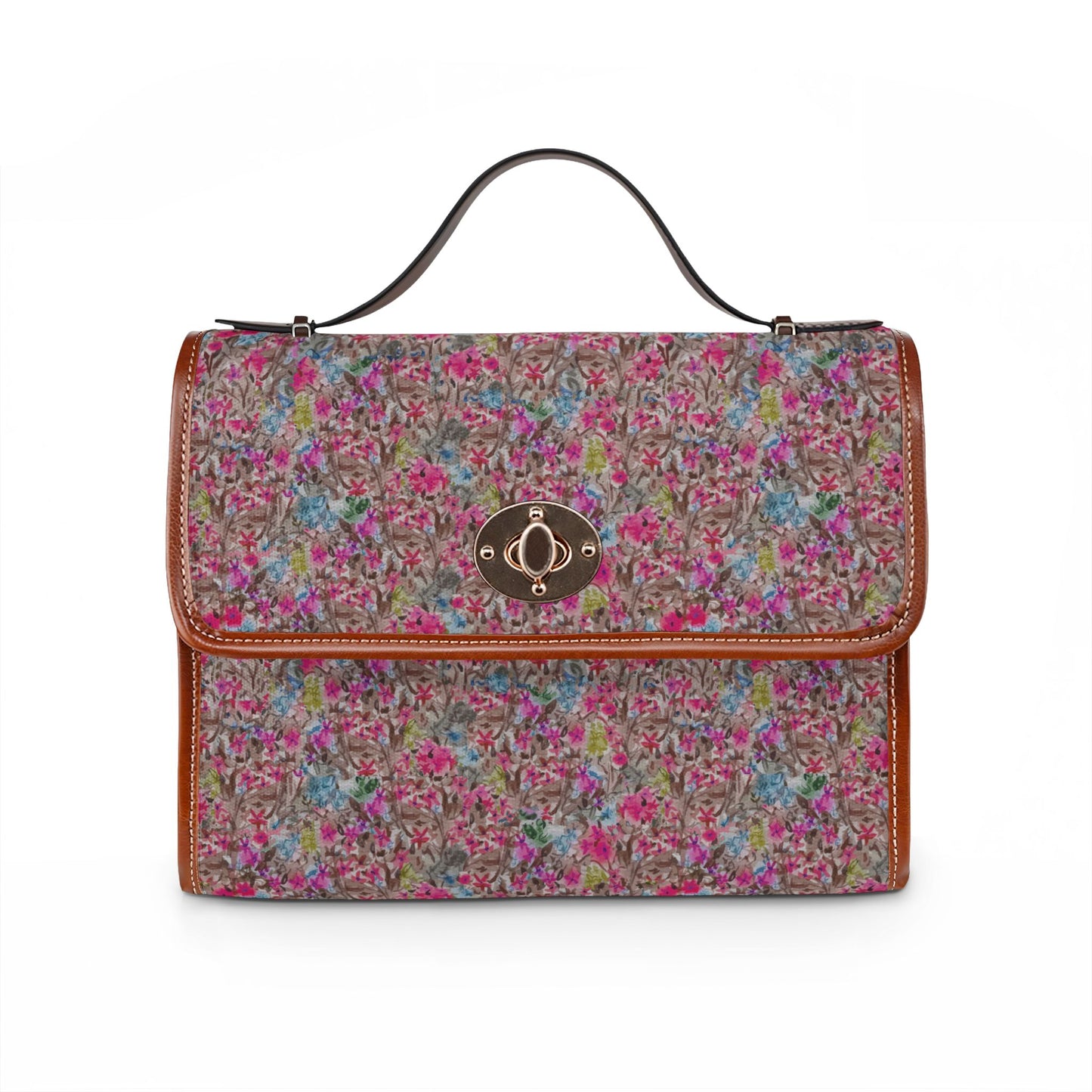 Watercolor floral handbag with wildflower meadow pattern on blush brown background and structured top handle design