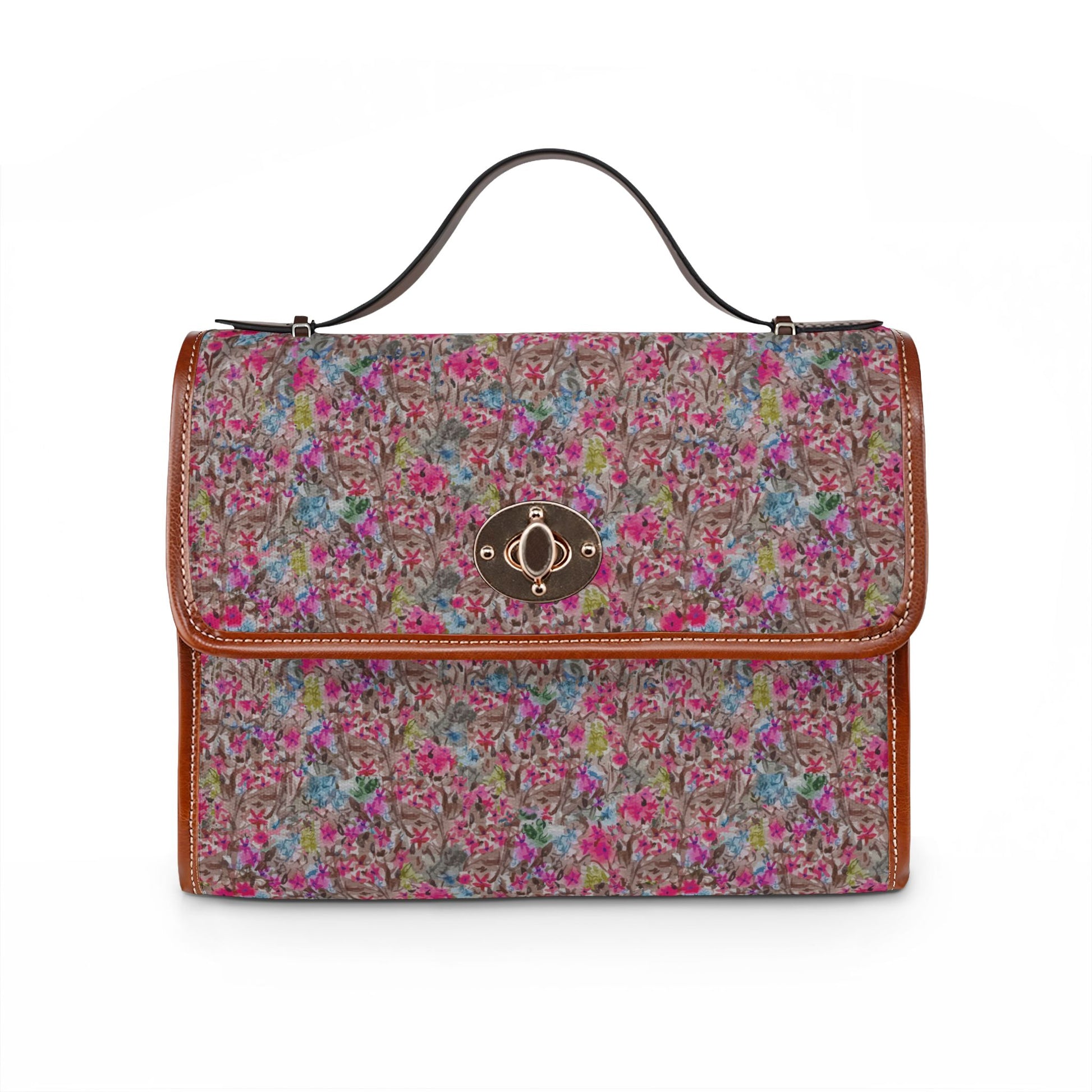 Watercolor floral handbag with wildflower meadow pattern on blush brown background and structured top handle design