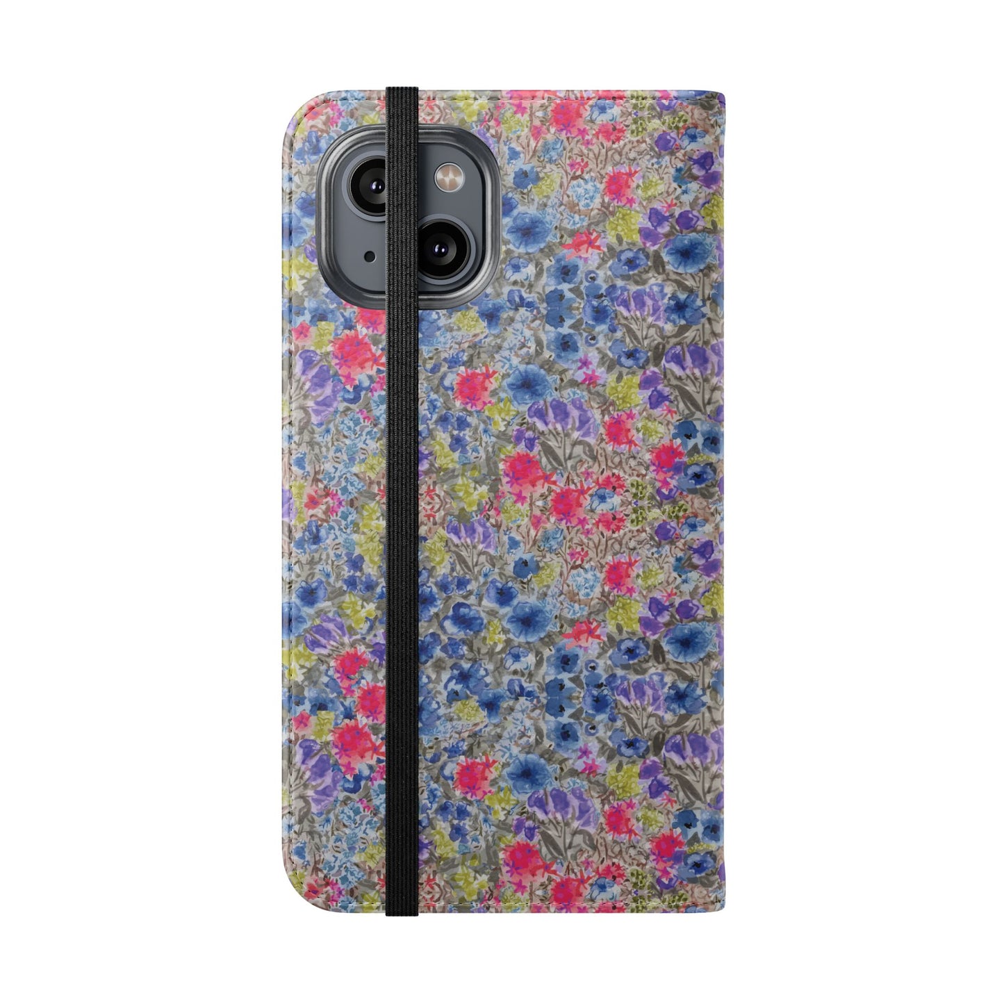 Blue wildflower floral flip phone case with watercolor botanical pattern.