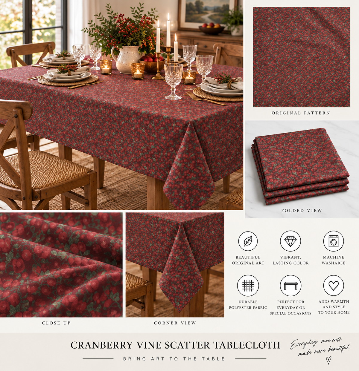 Cranberry Vine Scatter Botanical Tablecloth – Red — detail collage