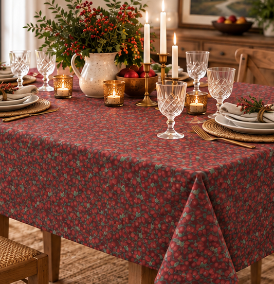 Tablecloth with painterly red cranberries and winding green vines