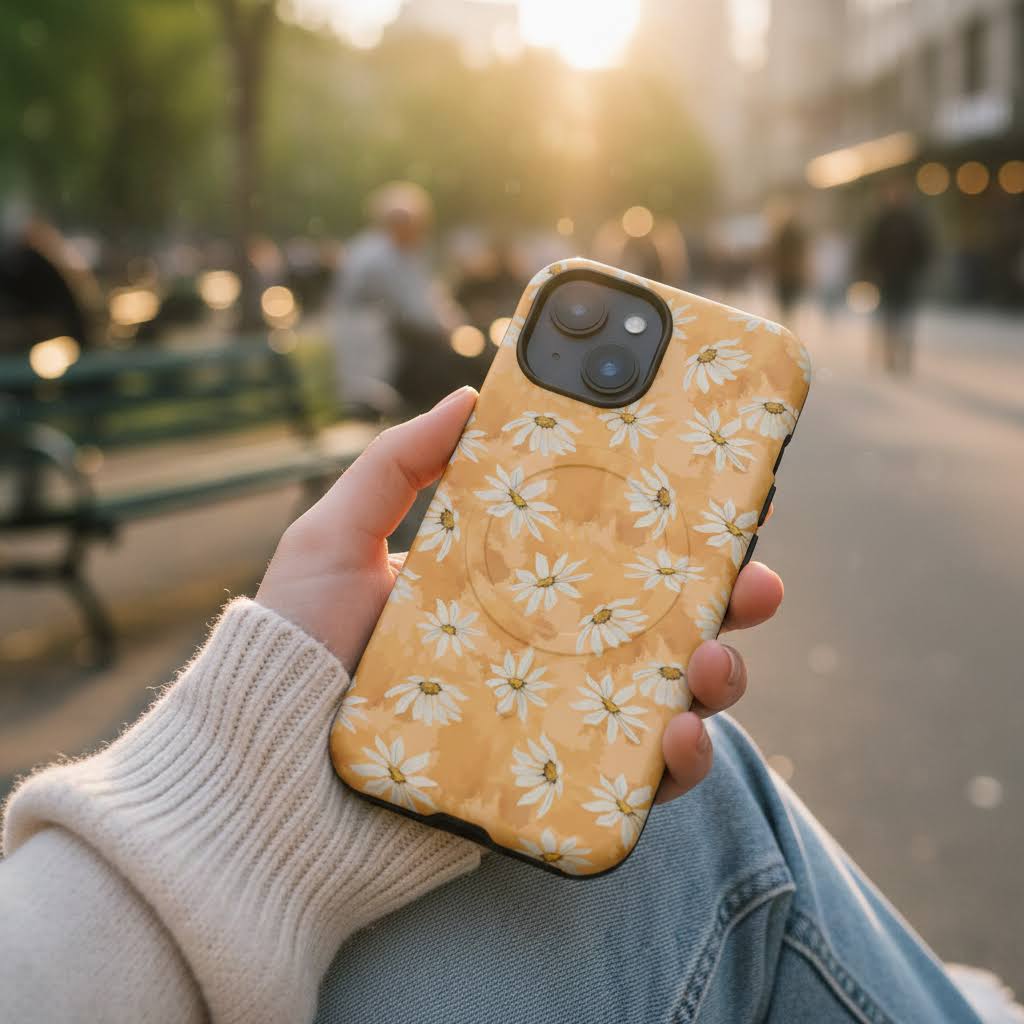 Golden Hour Daisy Scatter MagSafe tough iPhone case in warm sunset city setting, earthy yellow floral phone cover in natural light”