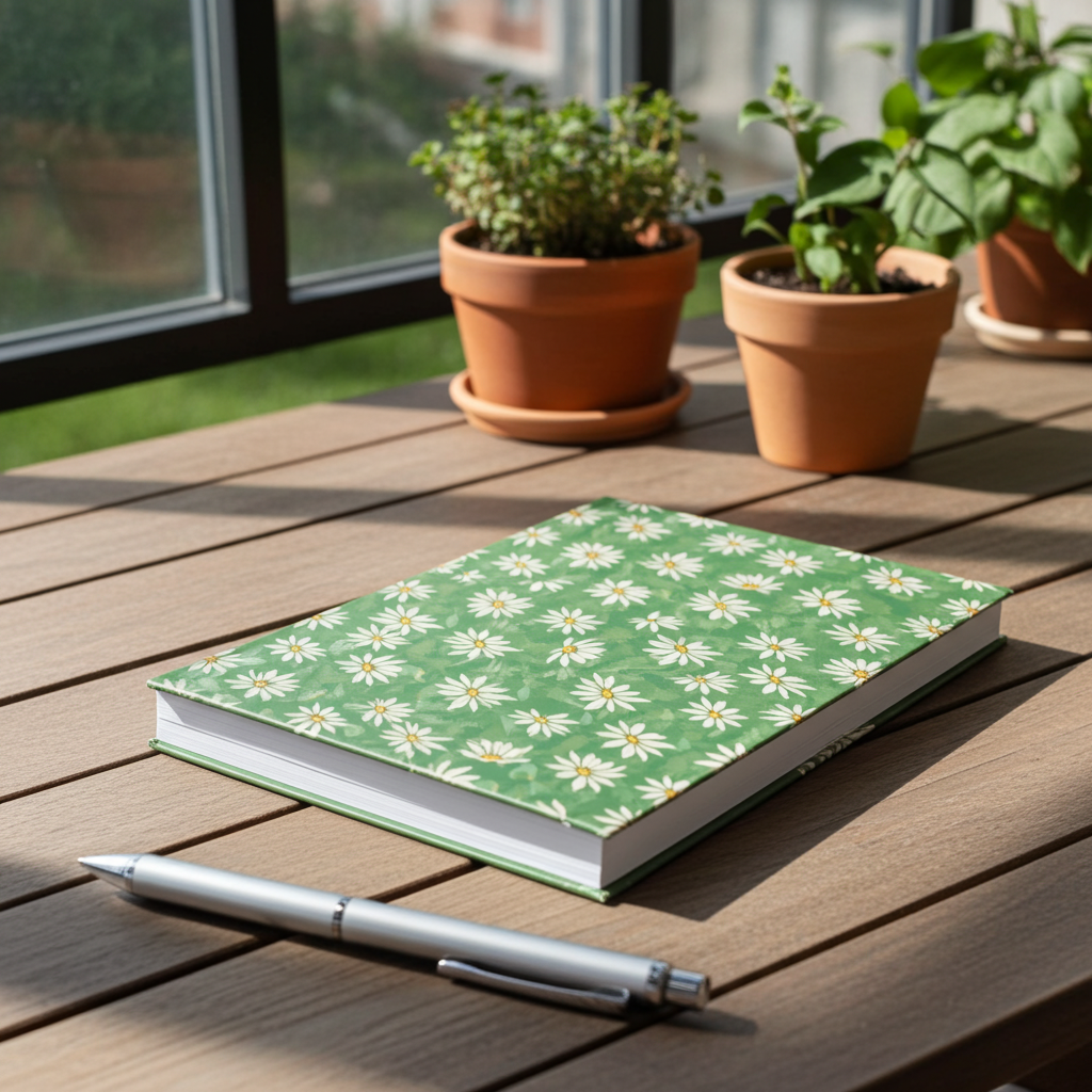 Daisy Meadow Hardcover Journal — Green Floral Notebook for Notes & Gratitude