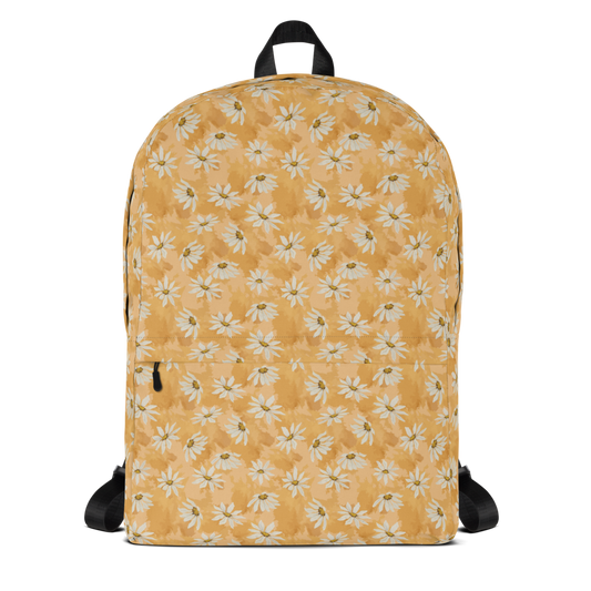 Backpack with white floral pattern on a yellow background