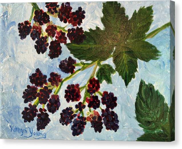 Canvas print of Blackberries Against a Summer Sky, Kathryn Young's painting of ripe blackberries and green leaves on a blue sky