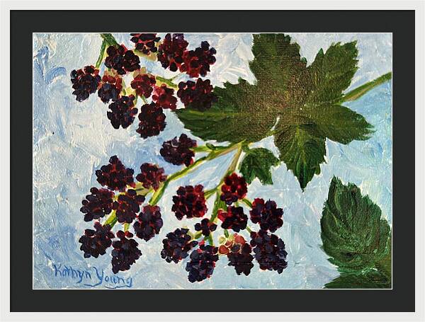 Blackberries Against a Summer Sky Purple Botanical Framed Print — White frame, Black mat, 30" x 21.5"