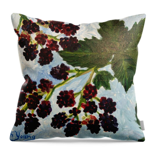 Throw pillow printed with Blackberries Against a Summer Sky, Kathryn Young's painting of ripe blackberries and green leaves on a blue sky