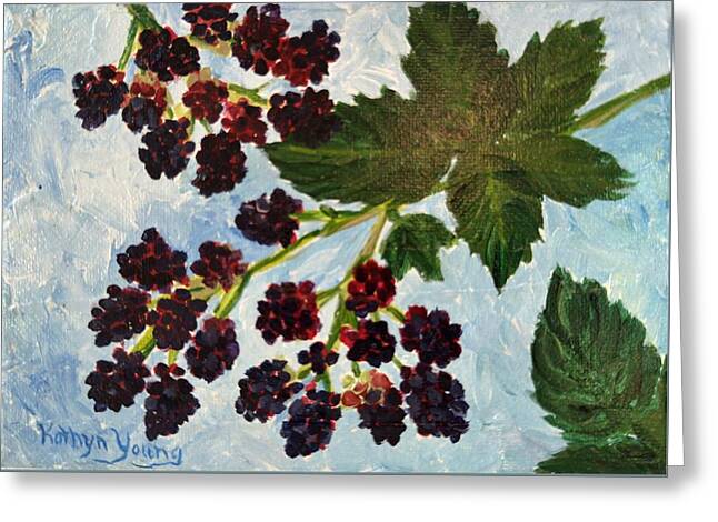 Greeting card featuring Blackberries Against a Summer Sky, Kathryn Young's painting of ripe blackberries and green leaves on a blue sky
