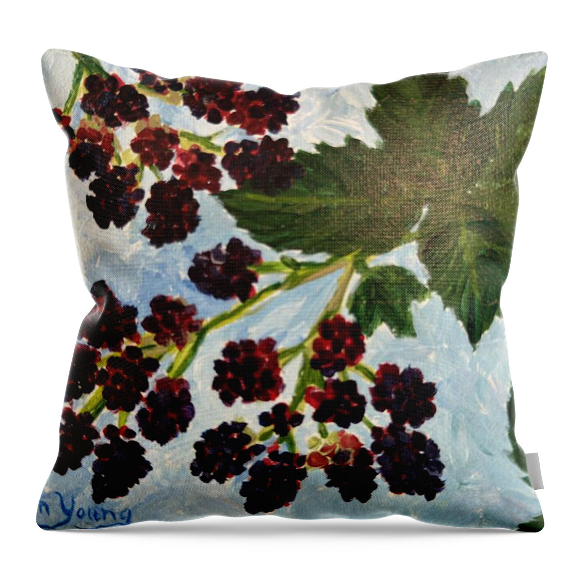 Blackberries Against a Summer Sky Purple Botanical Throw Pillow — cover only, 14" x 14"
