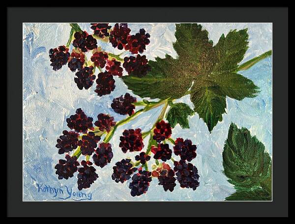 Framed print of Blackberries Against a Summer Sky, Kathryn Young's painting of ripe blackberries and green leaves on a blue sky