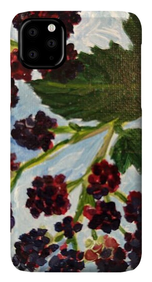 Phone case printed with Blackberries Against a Summer Sky, Kathryn Young's painting of ripe blackberries and green leaves on a blue sky