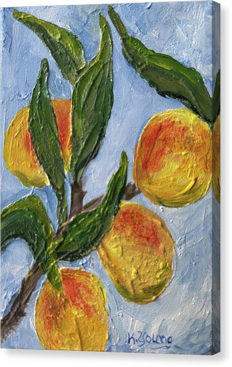 Canvas print of Bough of Plenty, Kathryn Young's painting of four golden peaches on a leafy branch against a blue sky