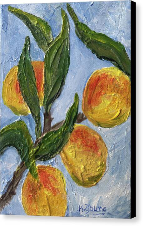 Bough of Plenty Four Peaches on Blue Canvas Print — Black wrap