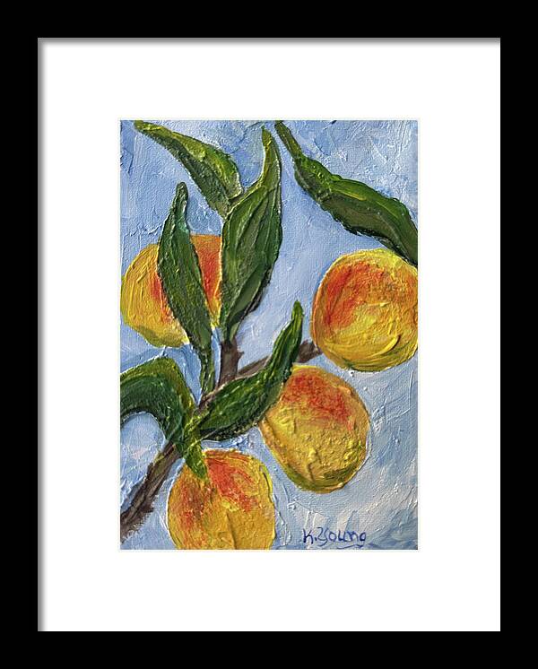 Bough of Plenty Four Peaches on Blue Framed Print — Black frame, White mat, 7" x 10"