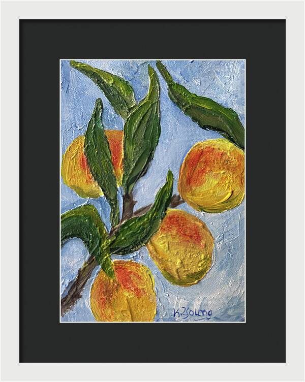 Bough of Plenty Four Peaches on Blue Framed Print — White frame, Black mat, 8.5" x 12"