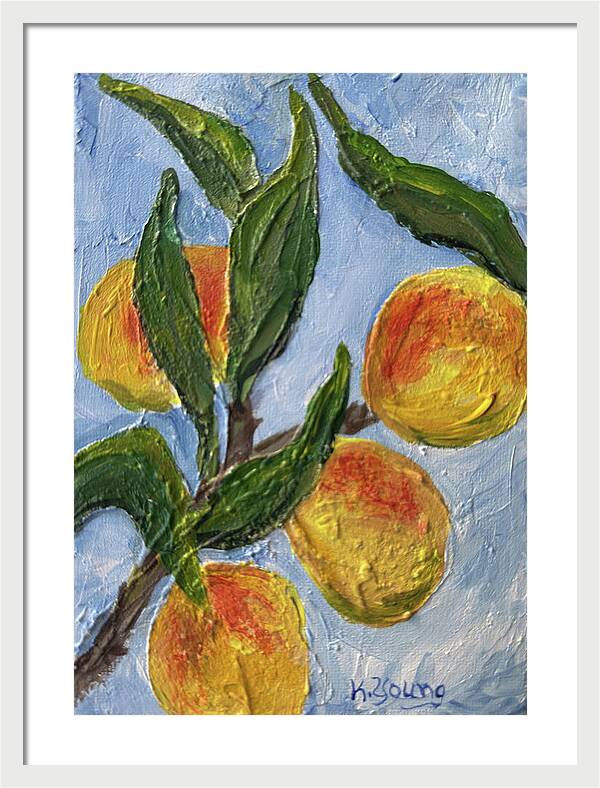 Bough of Plenty Four Peaches on Blue Framed Print — White frame, White mat, 17" x 24"