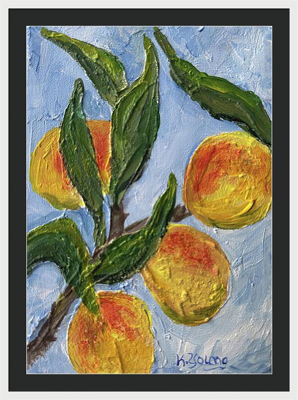 Bough of Plenty Four Peaches on Blue Framed Print — White frame, Black mat, 25.5" x 36"