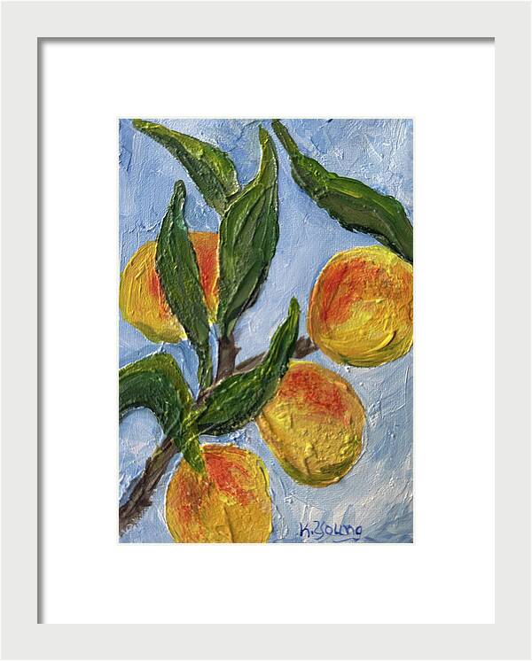 Bough of Plenty Four Peaches on Blue Framed Print — White frame, White mat, 7" x 10"