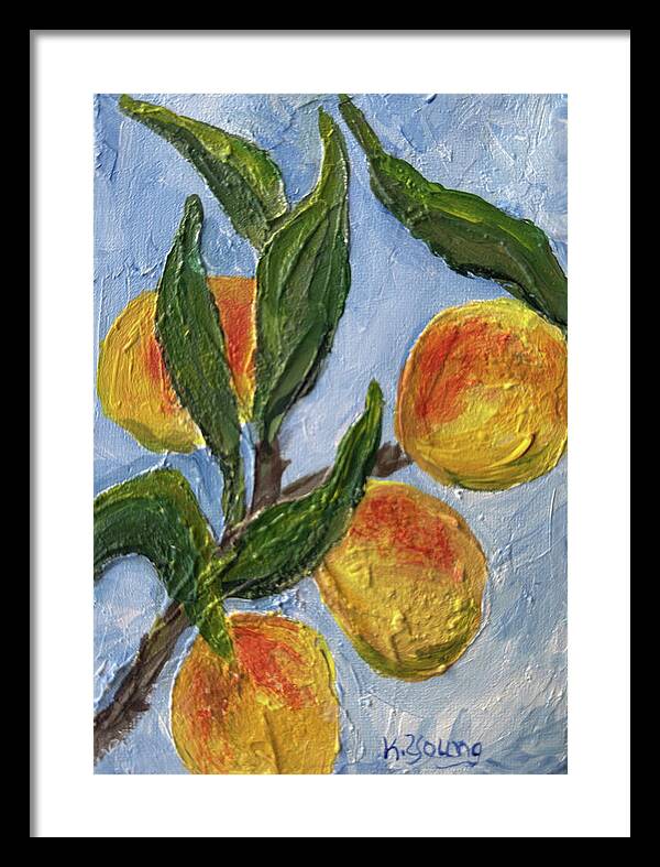 Bough of Plenty Four Peaches on Blue Framed Print — Black frame, White mat, 14" x 20"