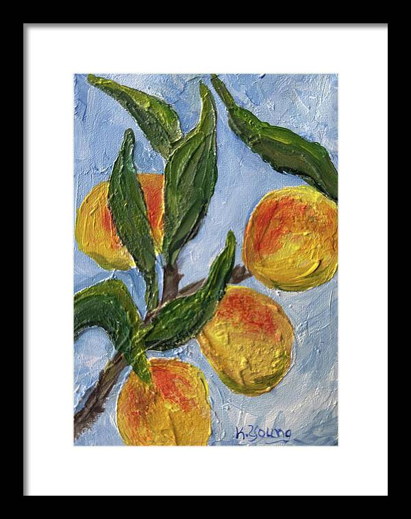 Bough of Plenty Four Peaches on Blue Framed Print — Black frame, White mat, 10" x 14"