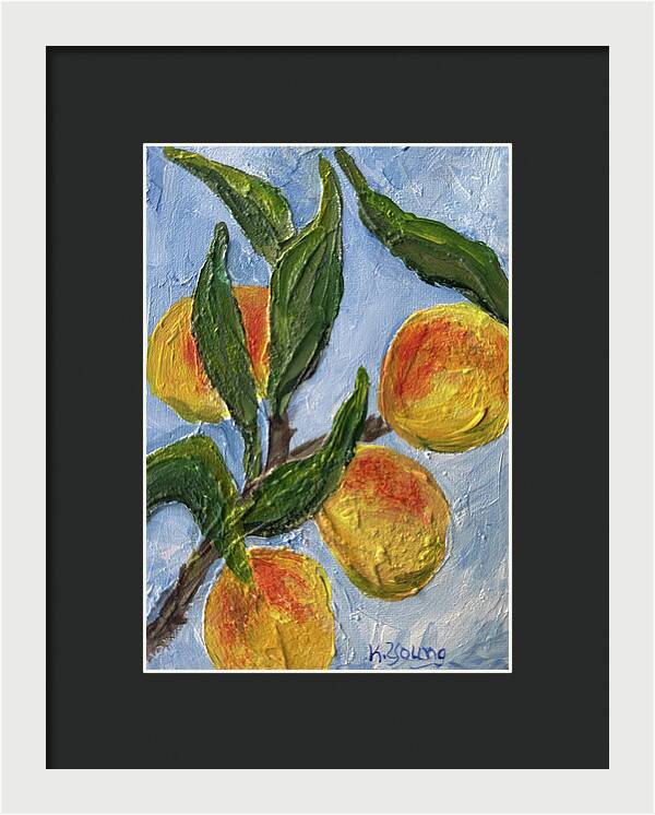 Bough of Plenty Four Peaches on Blue Framed Print — White frame, Black mat, 7" x 10"