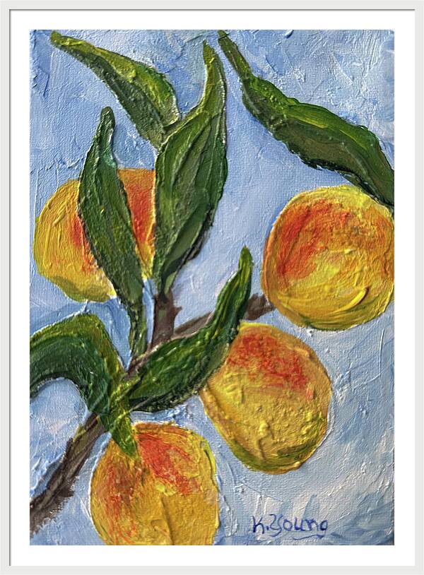 Bough of Plenty Four Peaches on Blue Framed Print — White frame, White mat, 34" x 48"