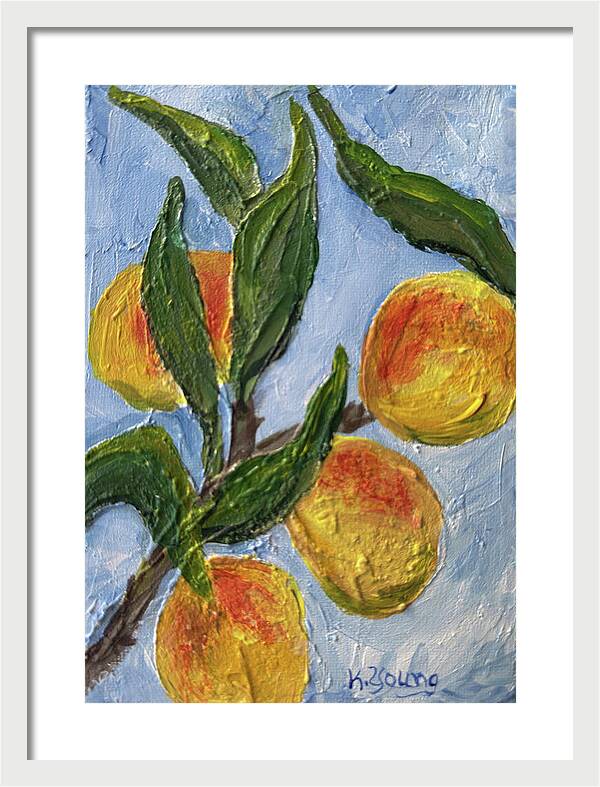 Bough of Plenty Four Peaches on Blue Framed Print — White frame, White mat, 14" x 20"