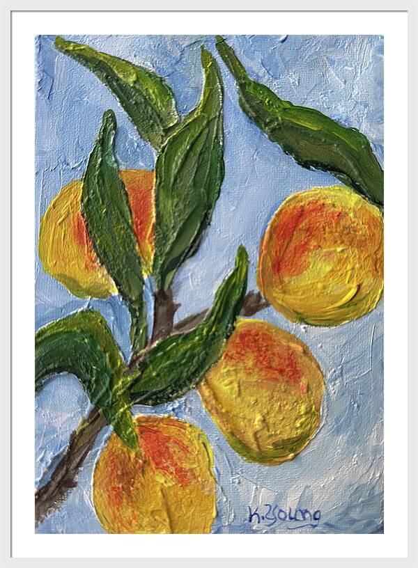 Bough of Plenty Four Peaches on Blue Framed Print — White frame, White mat, 28" x 40"