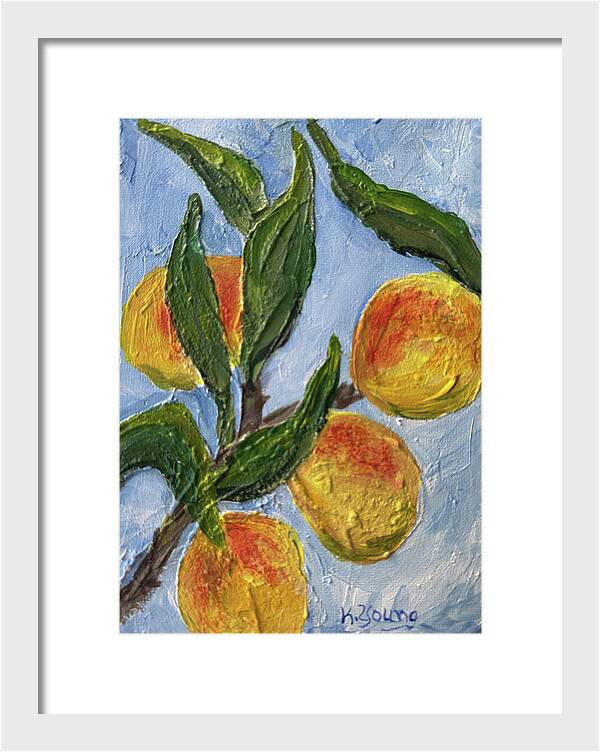 Bough of Plenty Four Peaches on Blue Framed Print — White frame, White mat, 8.5" x 12"