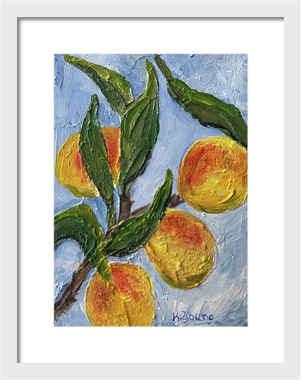 Bough of Plenty Four Peaches on Blue Framed Print — White frame, White mat, 10" x 14"