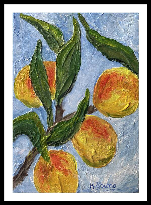 Bough of Plenty Four Peaches on Blue Framed Print — Black frame, White mat, 28" x 40"