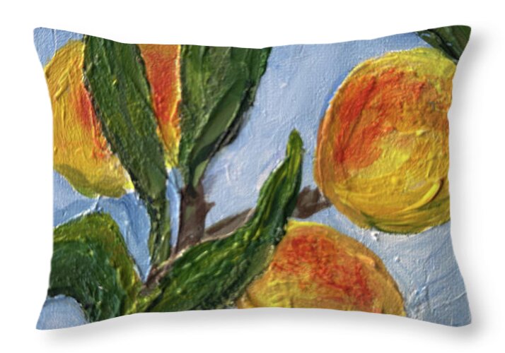 Bough of Plenty Four Peaches on Blue Throw Pillow — with pillow insert, 20" x 14"