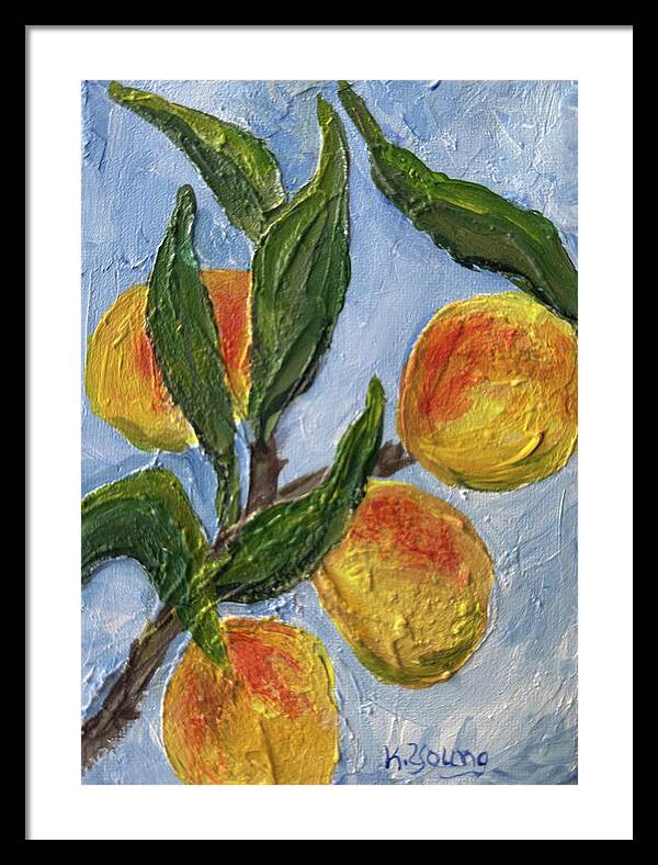 Bough of Plenty Four Peaches on Blue Framed Print — Black frame, White mat, 17" x 24"