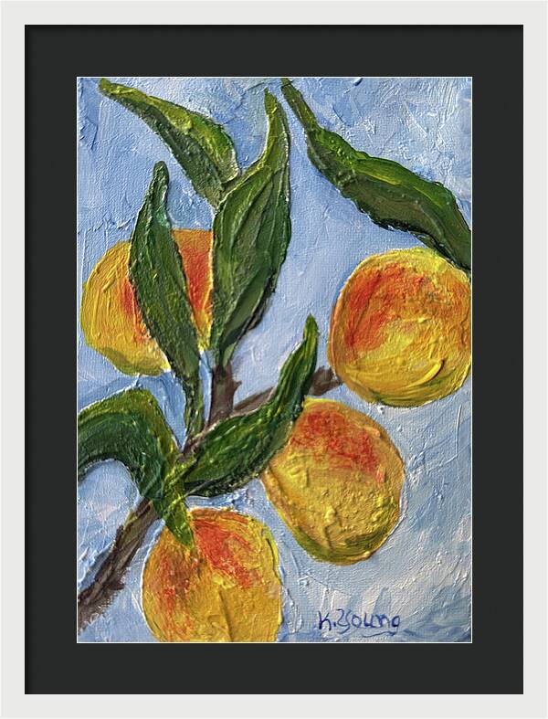 Bough of Plenty Four Peaches on Blue Framed Print — White frame, Black mat, 14" x 20"
