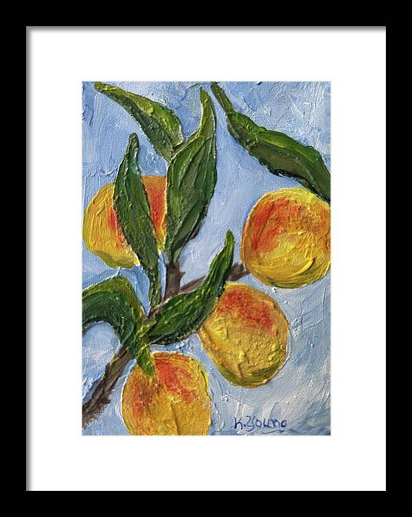 Bough of Plenty Four Peaches on Blue Framed Print — Black frame, White mat, 8.5" x 12"