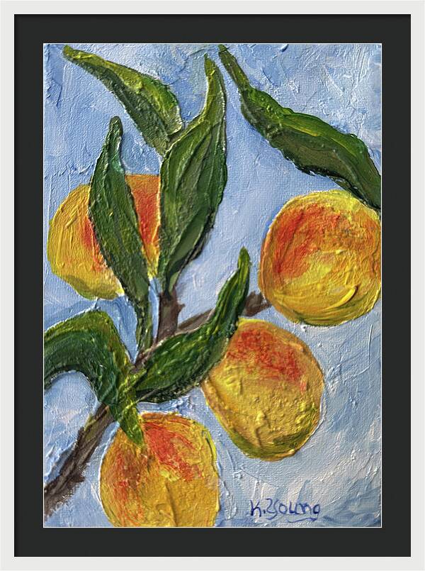 Bough of Plenty Four Peaches on Blue Framed Print — White frame, Black mat, 21" x 30"
