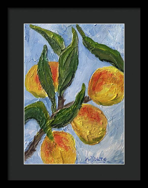 Bough of Plenty Four Peaches on Blue Framed Print — Black frame, Black mat, 11.5" x 16"