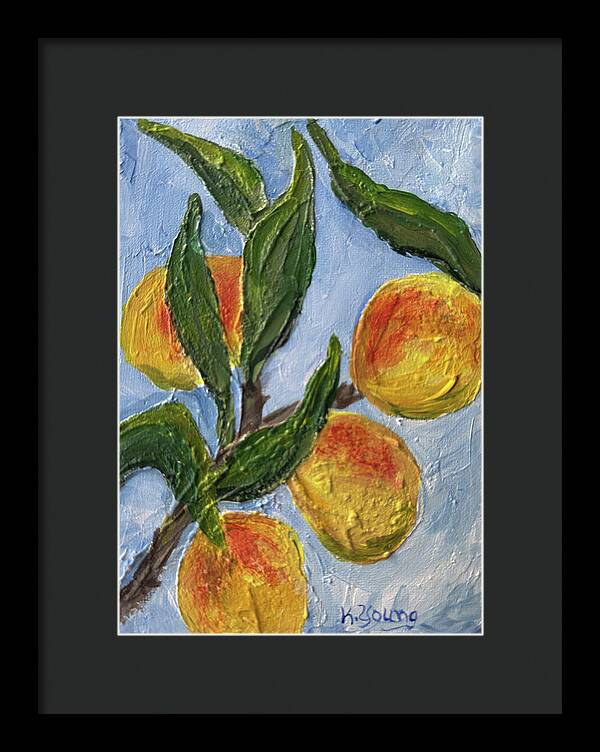 Bough of Plenty Four Peaches on Blue Framed Print — Black frame, Black mat, 8.5" x 12"