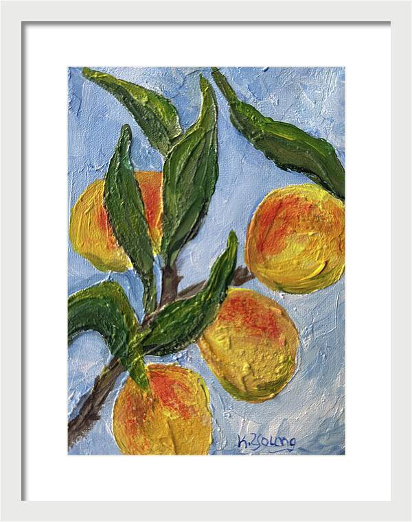 Bough of Plenty Four Peaches on Blue Framed Print — White frame, White mat, 11.5" x 16"