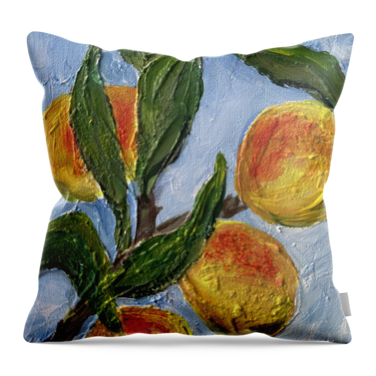 Bough of Plenty Four Peaches on Blue Throw Pillow — with pillow insert, 18" x 18"