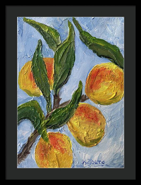 Bough of Plenty Four Peaches on Blue Framed Print — Black frame, Black mat, 17" x 24"