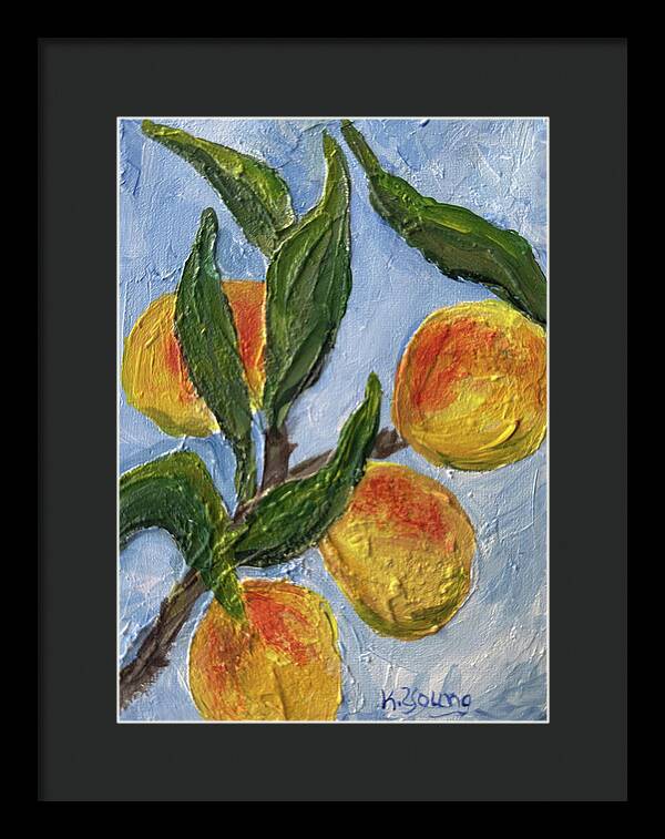 Bough of Plenty Four Peaches on Blue Framed Print — Black frame, Black mat, 10" x 14"