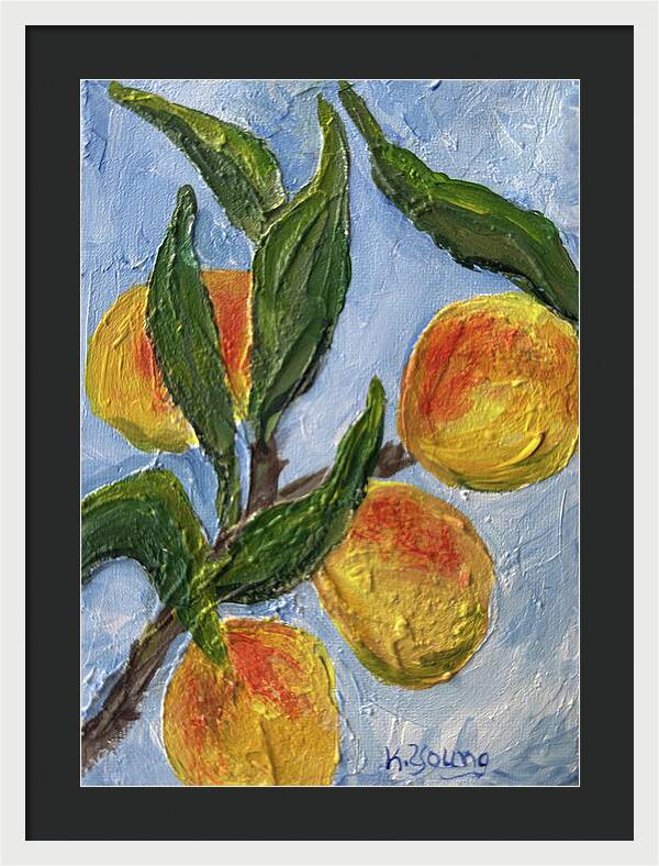 Bough of Plenty Four Peaches on Blue Framed Print — White frame, Black mat, 17" x 24"