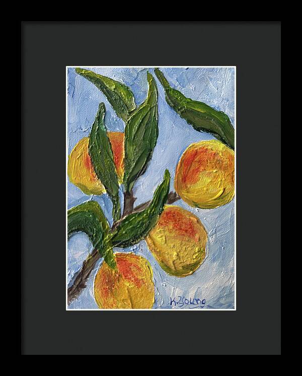 Bough of Plenty Four Peaches on Blue Framed Print — Black frame, Black mat, 7" x 10"
