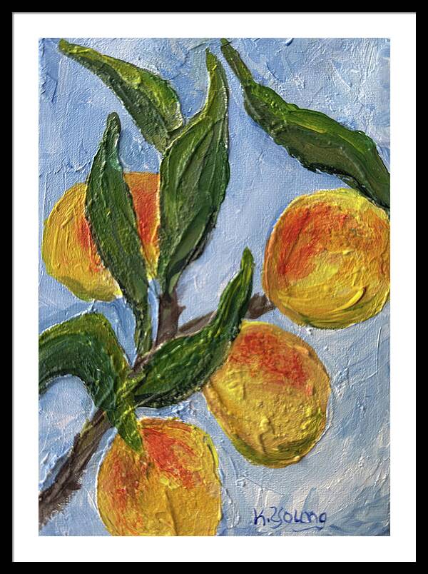 Bough of Plenty Four Peaches on Blue Framed Print — Black frame, White mat, 25.5" x 36"